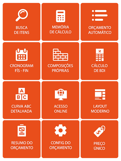 Planilha de Orçamento de Obras - OrçaMais 4 bases busca de itens memória de cálculo orçamento automático Cronograma físico-financeiro Composições próprias Cálculo de BDI Cruva ABC detalhada Acesso online Layout Moderno Resumo do orçamento Configuração do orçamento Preço único