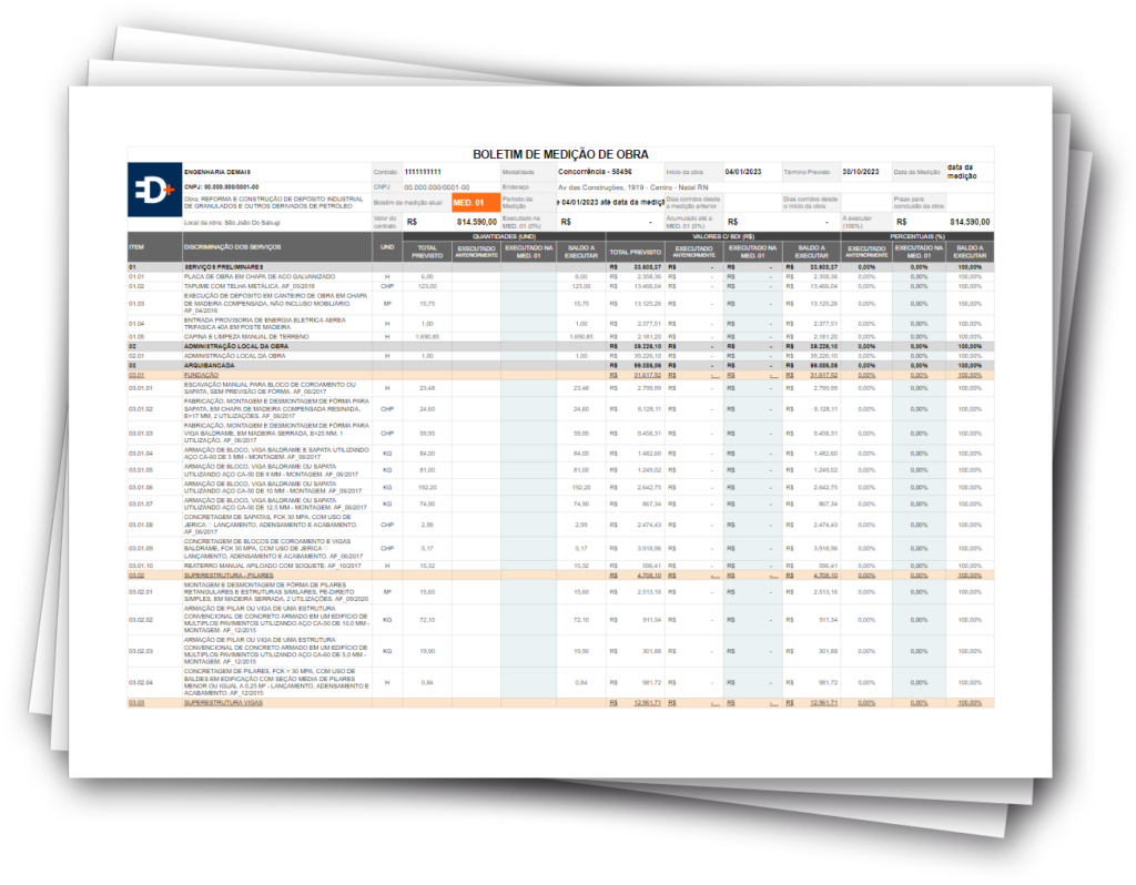 Planilha de Boletins de Medições de Obras - Até 100 medições por obra - OrçaMais